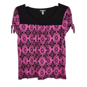 Apt 9 Babydoll Top Women Size L Stretch Purple Black Short Sleeve Scoop Neck